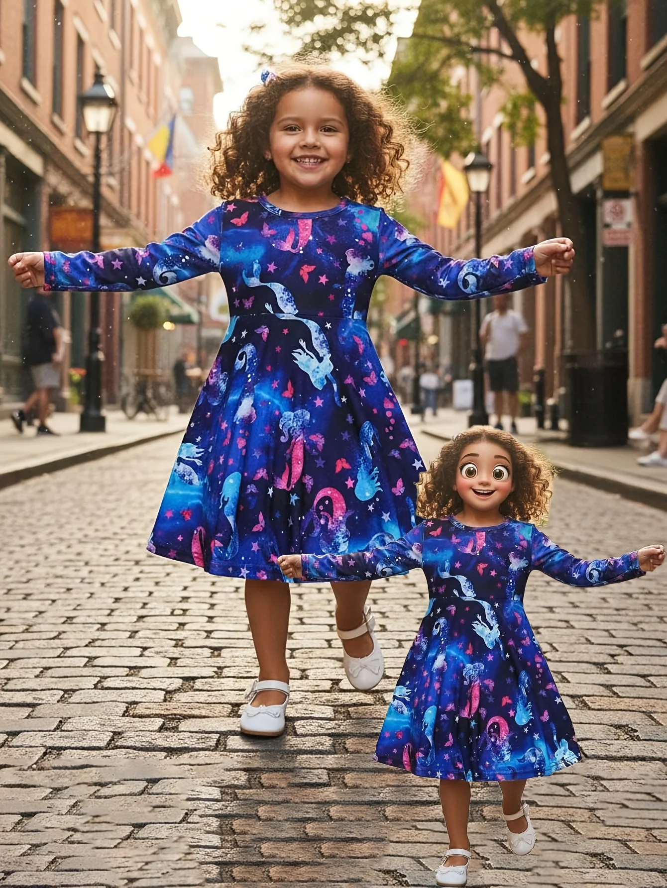 Girls' Clothing: Cute, Elegant, and Beautiful Mermaid Digital Print Patterned Knee-Length Dress for Spring and Autumn. Suitable for Daily Wear, Holiday Parties, Vacations, Casual Wear, Birthday Gifts, Campus Trips, and