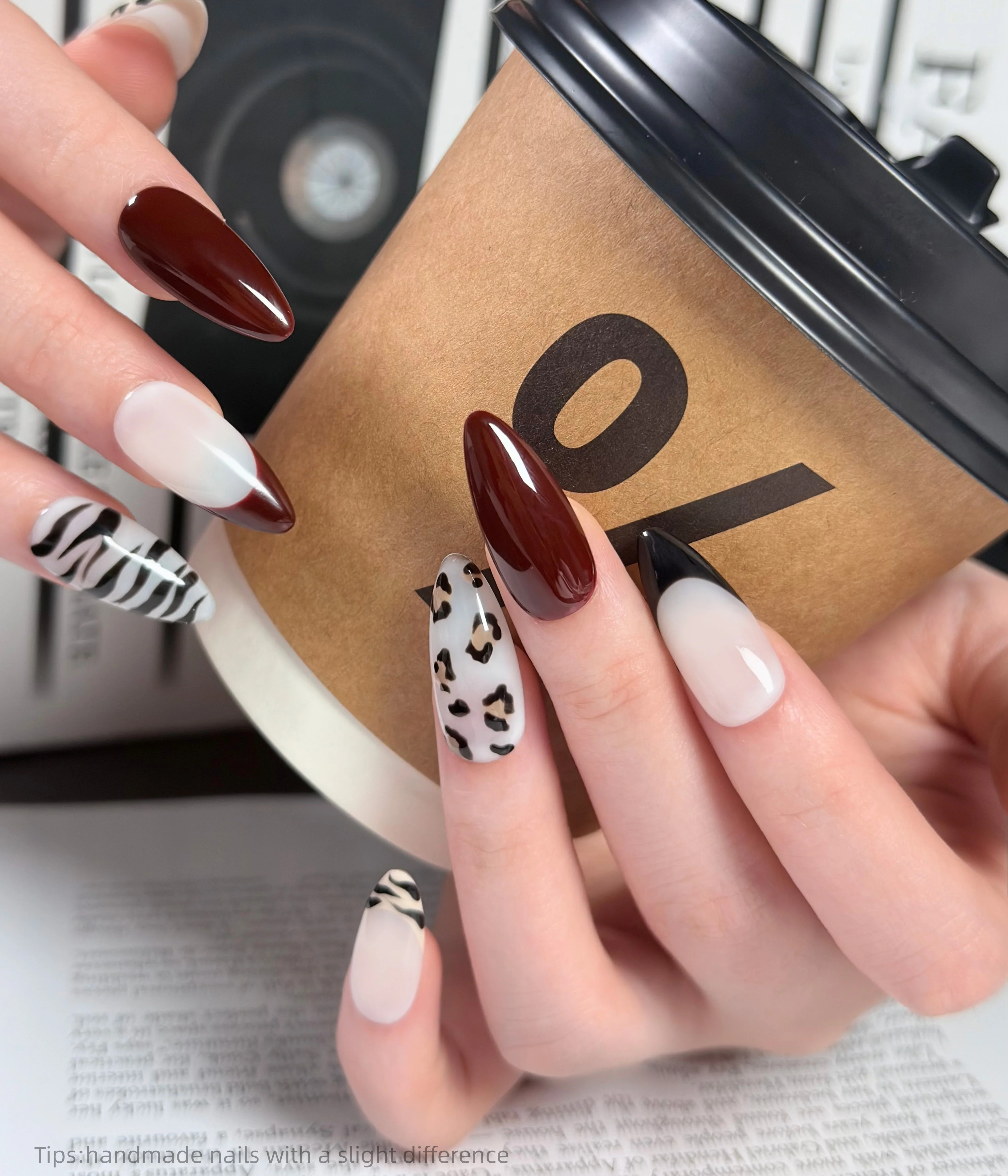 10PCS Brown Press on Nail black French Almond False Nail with leopard Design Wearable Sweet Fake Nail Tips,simple nails