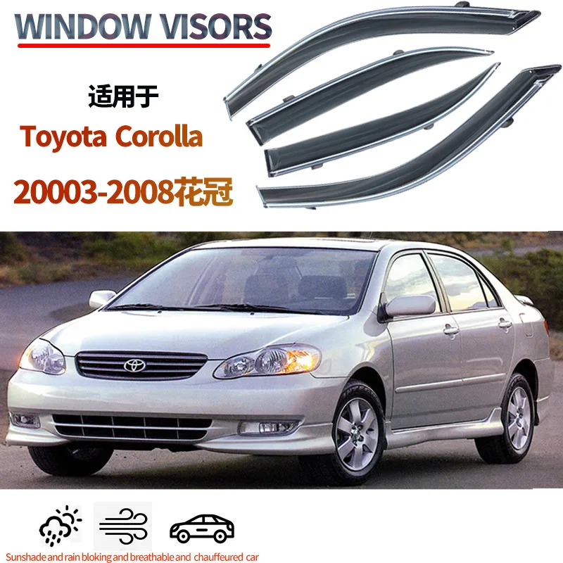 Injection-molded window rain shields, rain covers, and rain visors suitable for Toyota Corolla models from 2003 to 2008