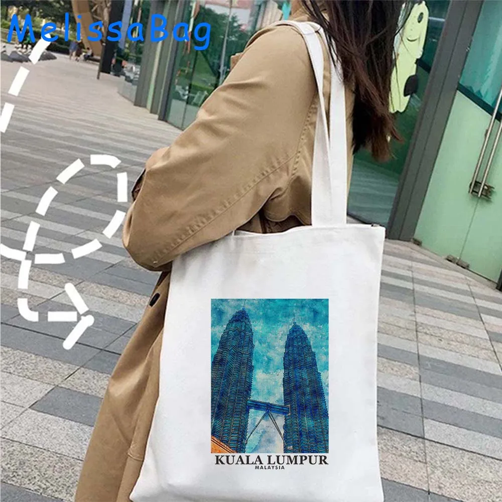 

Malaysia Flag Map Kuala Lumpur Coordinate Skyline Watercolor Travel Landscape Canvas Shoulder Totes Bags Shopper Cotton Handbags