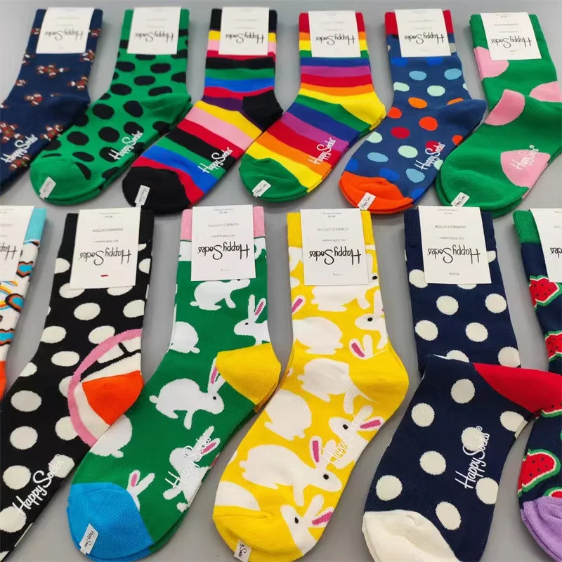 HAPPY SOCKS Size 36-40 Adult Women\'s Personality Four Seasons Thick Mid-tube Socks Artistic Color Polka Dot Pure Cotton Socks