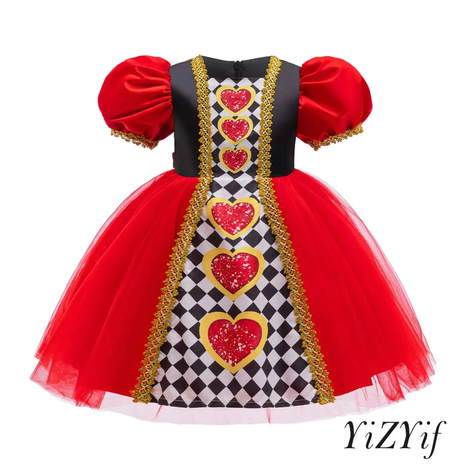 

Kids Girl Red Hearts Costume Queen Witch Dress Color Block Gold Adornment Square Neck Puffed Sleeve Bow Tutu Dress for Role Play