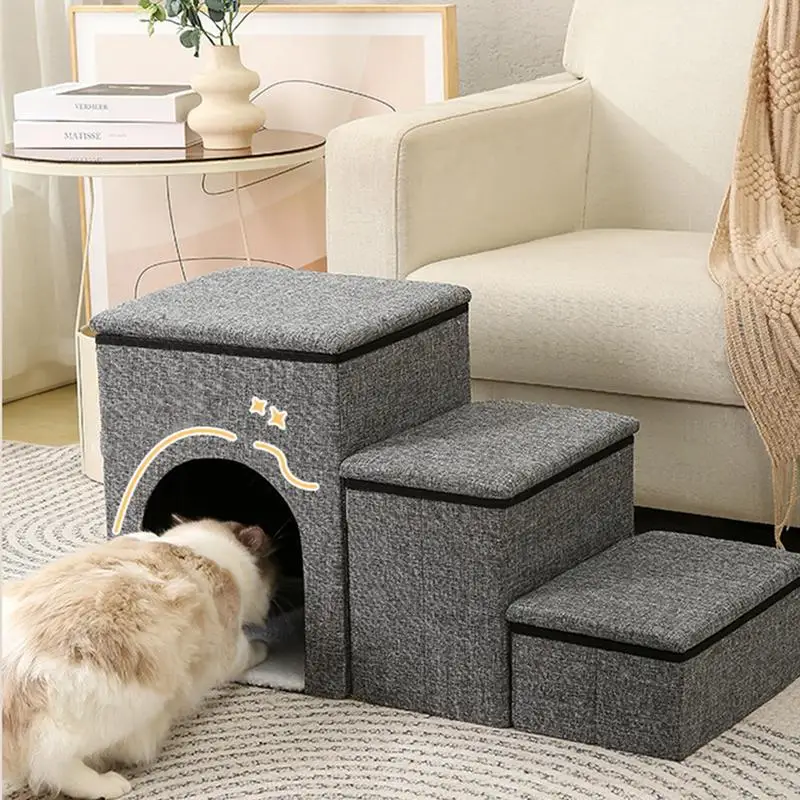 Foldable Pet Stairs With Storage Box 3 Steps Ramp Stairs For Couch Sofa High Bed Puppy Ramp Small Dog Stairs Pet Cat Dog Nest