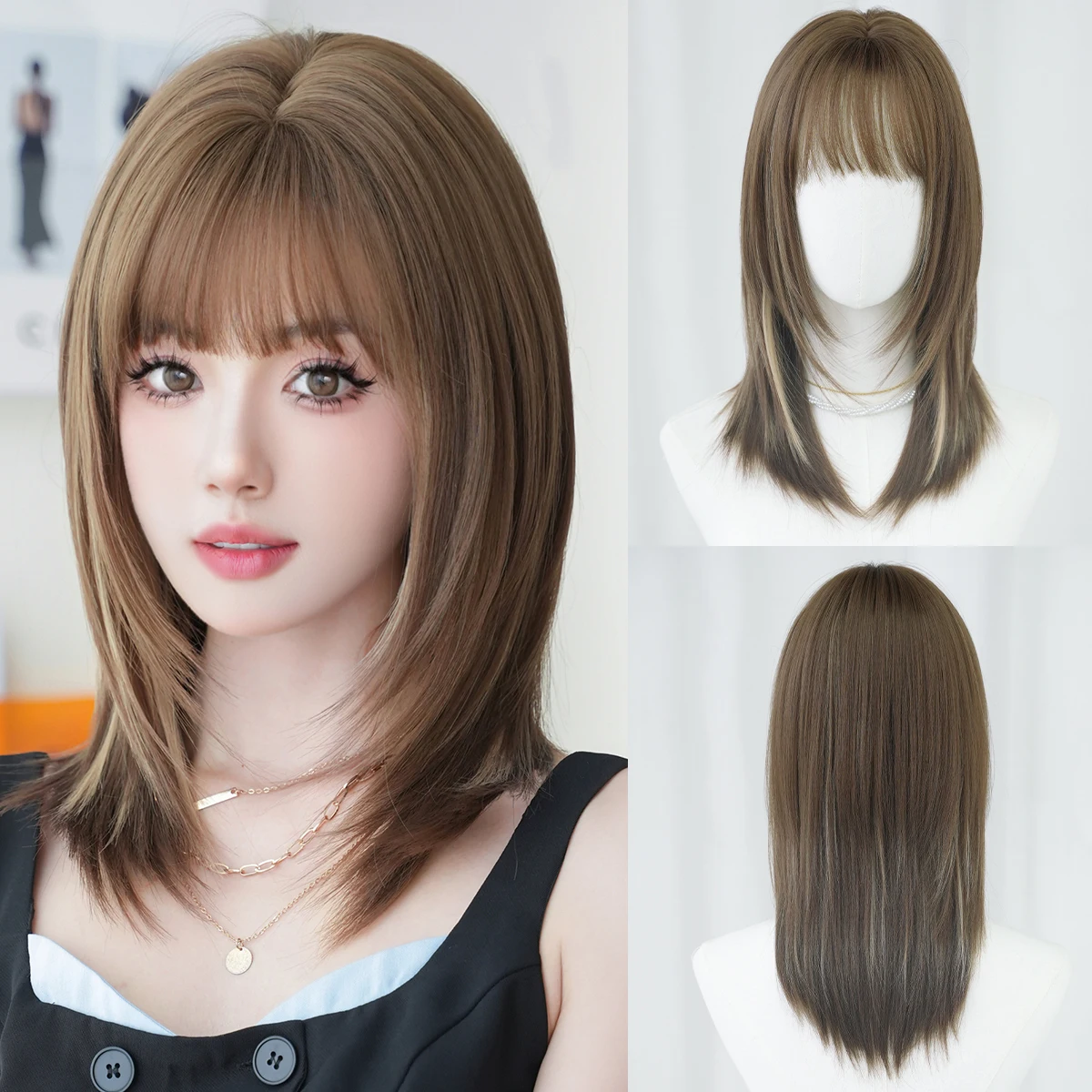 7JHH WIGS Schulterlange, gerade, braune Perücke für Damen, synthetische, hitzebeständige, modische Perücken zum sofortigen Tragen mit ordentlichem Pony