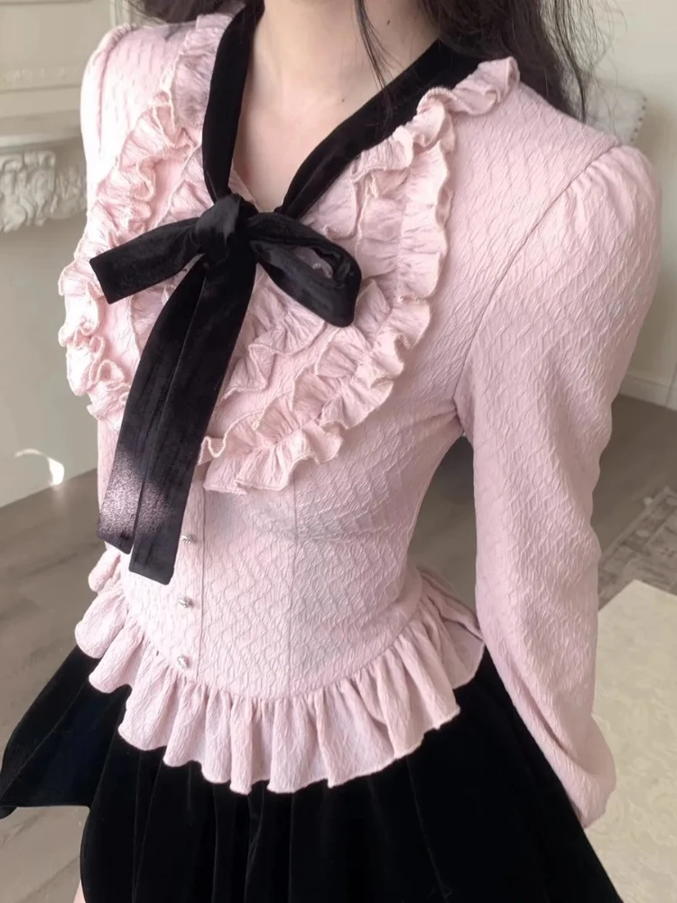 

Весенняя рубашка с длинным рукавом и милым бантом, женская рубашка с рюшами на талии, облегающий укороченный топ, элегантный дизайн, универсальная блузка на пуговицах