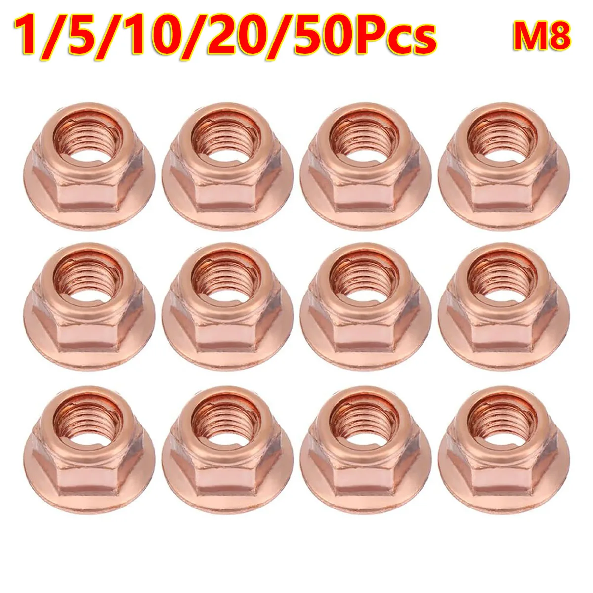 1/5/10/20/50Pcs M8 Hexagonal Nuts Set Hex Carbon Steel Copper Plated Flange Lock Nut Fasteners Assortment Kit Self Locking DIY