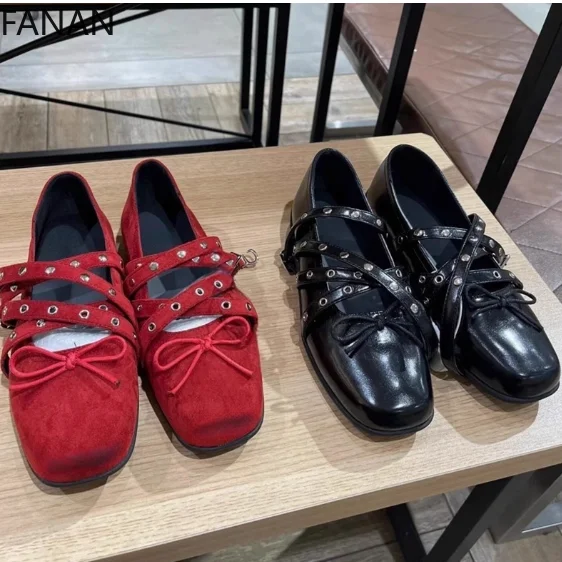 

2025 New Original Punk Flats Shoes for Women's Vintage Red Low Heel Bow Rivet Ballet Shoes Subculture Mary Jane Shoes Pumps