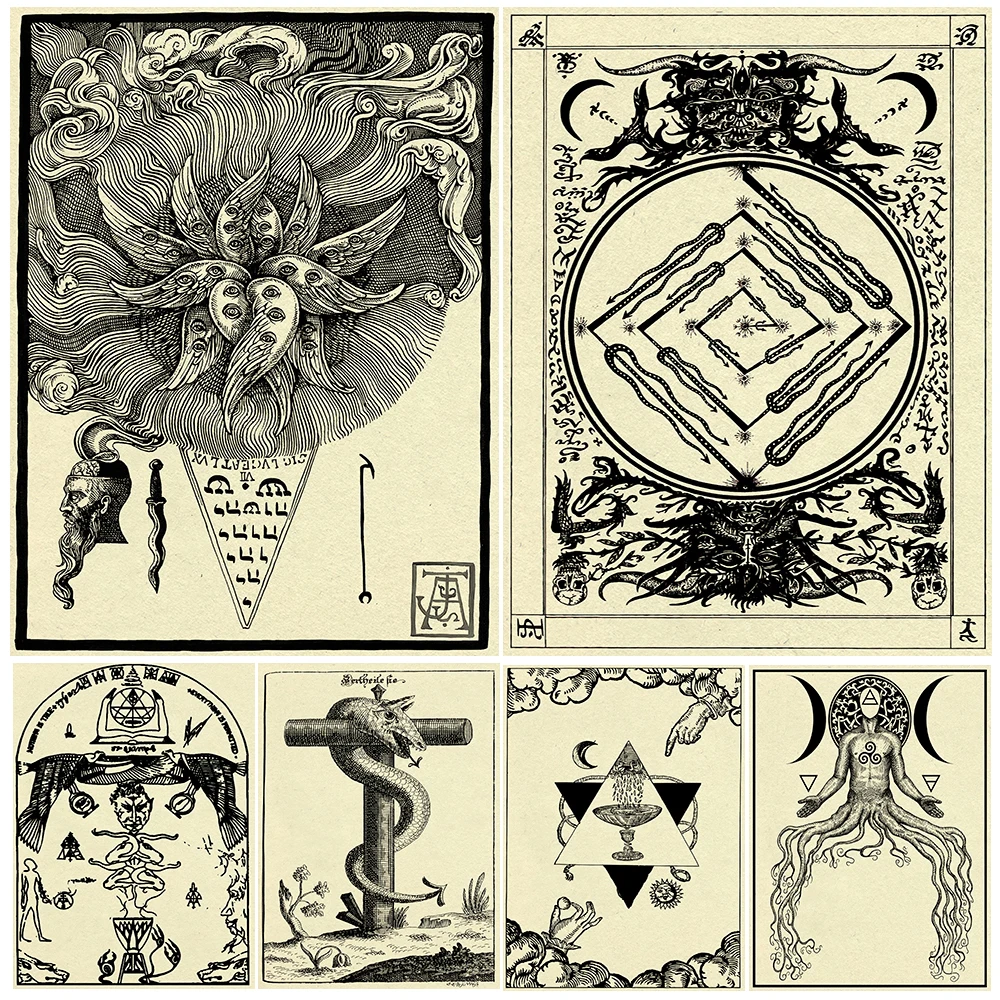 

Mystical Pagan Witchcraft And Alchemist Runes Vintage Wall Art Canvas Painting,Witchcraft Geometry Illustration Art Poster Print