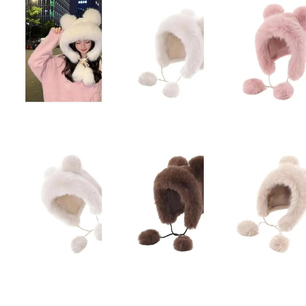 

39BB Furry Bear Hat with Ear Oversized Headgear Hat for Winter Outdoor Activity
