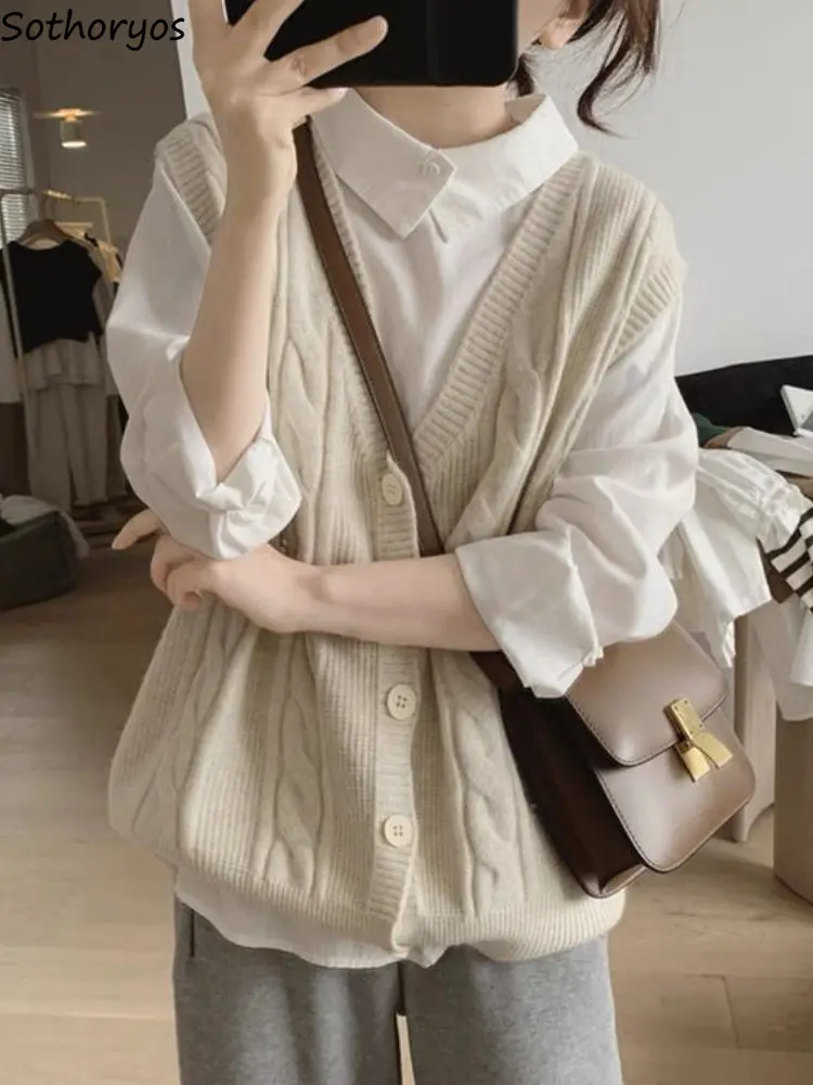 سترات سترة نسائية بسيطة نقية تصميم فضفاض كل مباراة نمط Preppy الخامس الرقبة عادية اليومية الطلاب الخريف Ulzzang تريكو