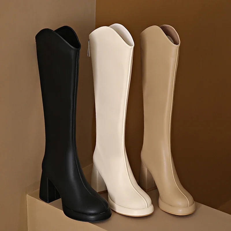 Women Knee High Boots 3cm Platform 8cm High Heels Square Mid Heels White Boots Lady Fetish Stripper Booties Leather Zipper Shoes