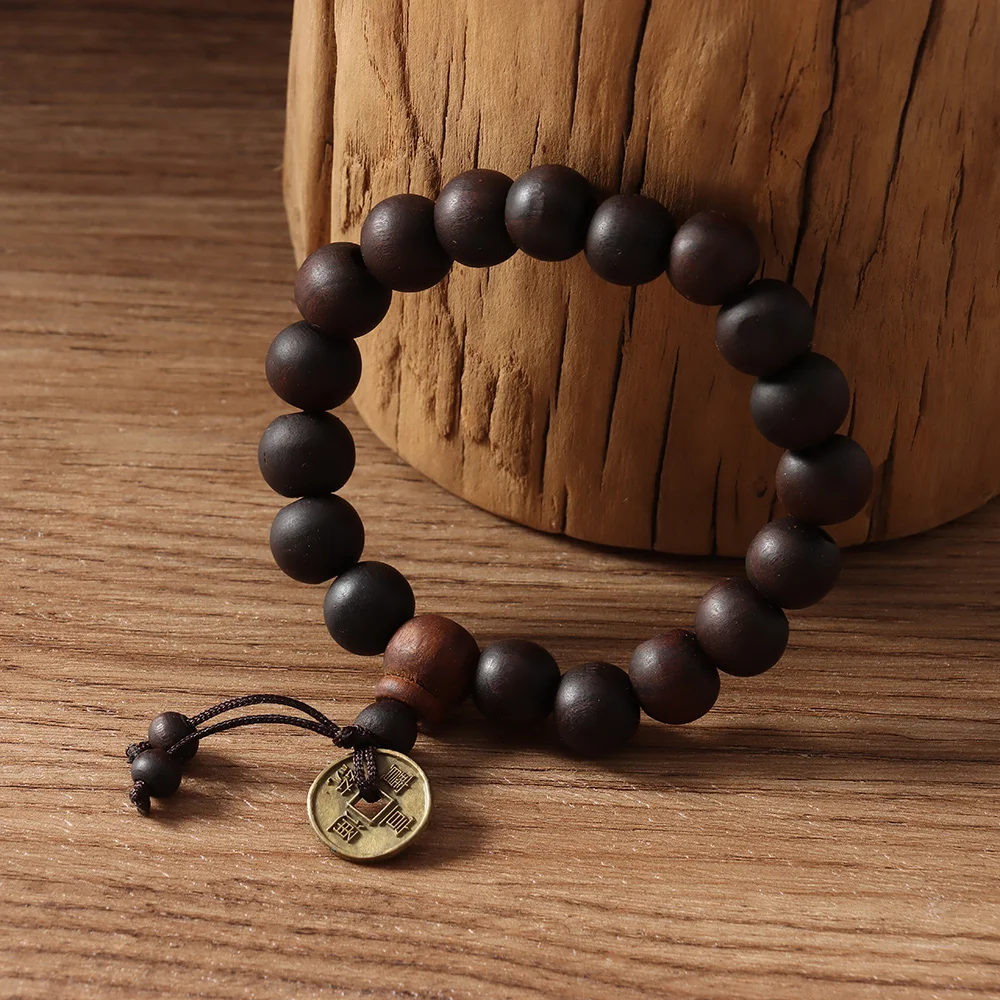 1Pc Wood Bead New Buddha Bracelet Buddhist  Bangle Prayer Beads Copper Coin Women Men Lucky Religion Bracelets Charm Jewelry