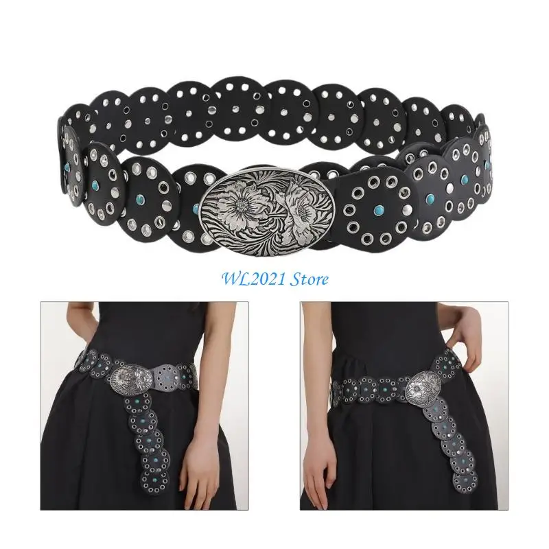 

G5GC 2000s Waist Belt Exaggerated Eyelets Waistband Ethnic Waiststrap Cowboy Belt