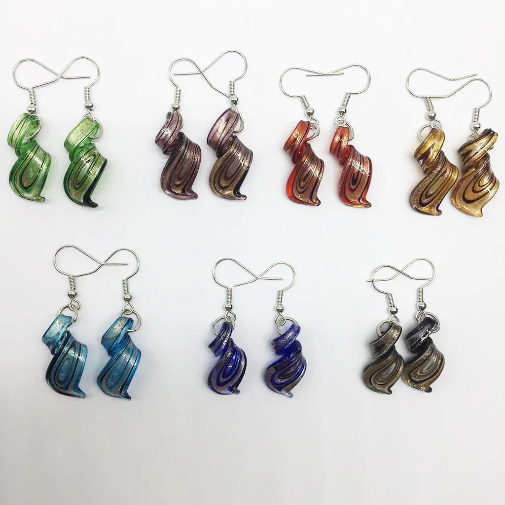 7 Pairs Of Mixed Color Chinese Style Retro Handmade Personality Murano Glass Lampwork Pendant Earrings For Women Female Spiral