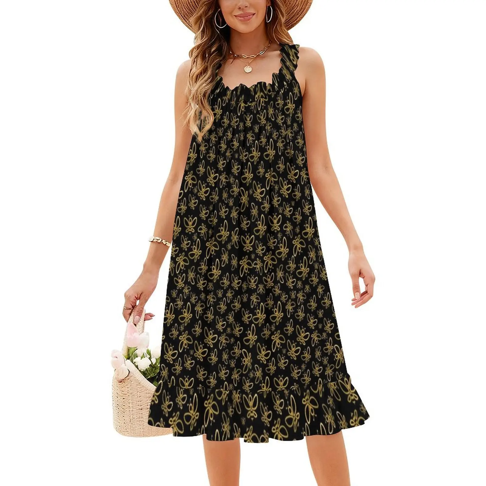 Beecuz quiero vestido bohemio sin mangas con estampado múltiple para vacaciones en la playa vestido de fiesta abejas oro negro Oro vestido elegante para mujer