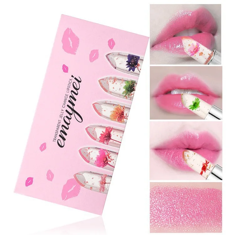 6pcs Make Up Lipstick Set Dry Flower Jelly Crystal Clear Long Lasting Moisturizing Lips Color Change Pink Lip Gloss Cosmetics