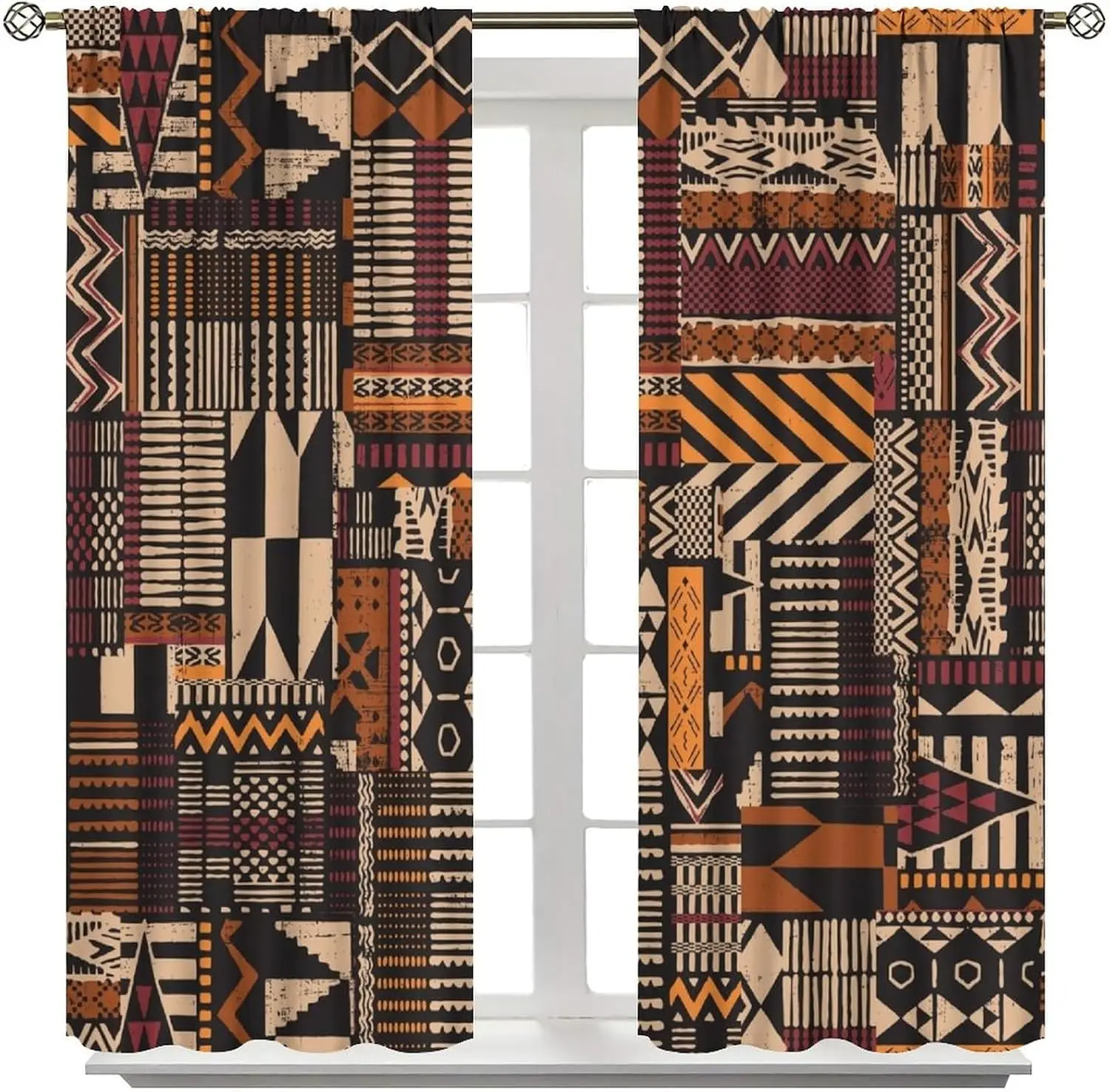 Bold Tribal Geometric Ethnic Art Blackout Rod Pocket Curtain Orange Black White Contrast Decor Exotic Homestay Bedroom Rest Bay