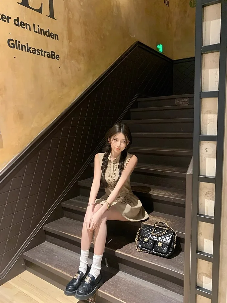 Robe classique minimaliste à col chemise, tempérament kaki de nouveau Style d'été pour femmes, jupe courte chérie de Style collégial