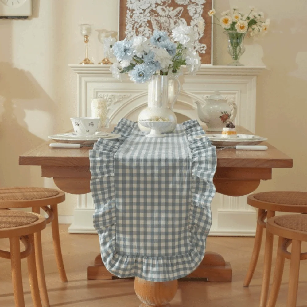 Rustic Style Ruffled Edge Table Runner Rectangular Washed Cotton Wedding Tablecloth Solid Color Anti Slip Table Flag