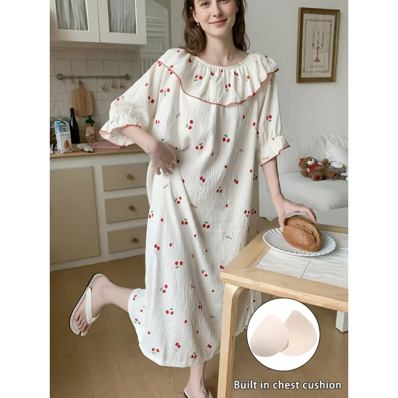 Women's summer nightgown with short sleeves and chest padding - a sweet princess-style lightweight pajama set for at-home use