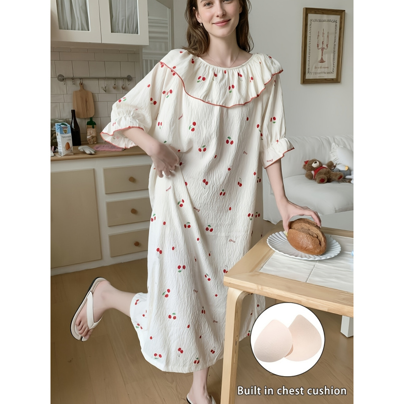  Women's summer nightgown with short sleeves and chest padding - a sweet princess-style lightweight pajama set for at-home use 