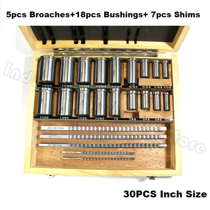 30pcs Keyway Broach Set Inch Sized 5pcs Broaches 1/2''-1-1/2'' 18pcs Bushings and 7pcs Shims HSS Keyway Tool for CNC Machine New