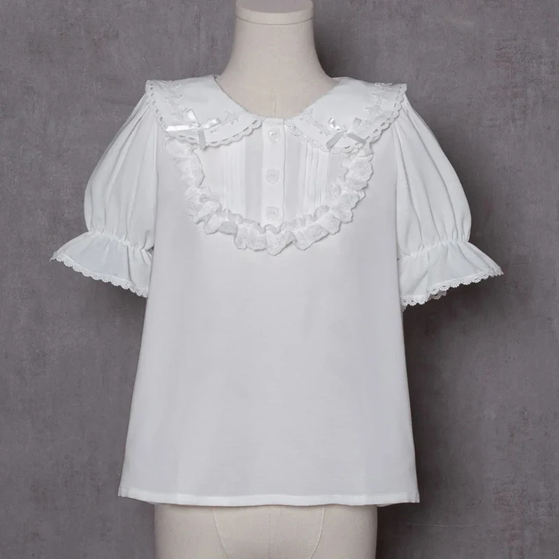 

Kawaii Bow Lolita Shirts Women Summer White Ruffles Peter Pan Collar Blouse Preppy Sweet Cute Short Sleeve Folds Bottoming Tops