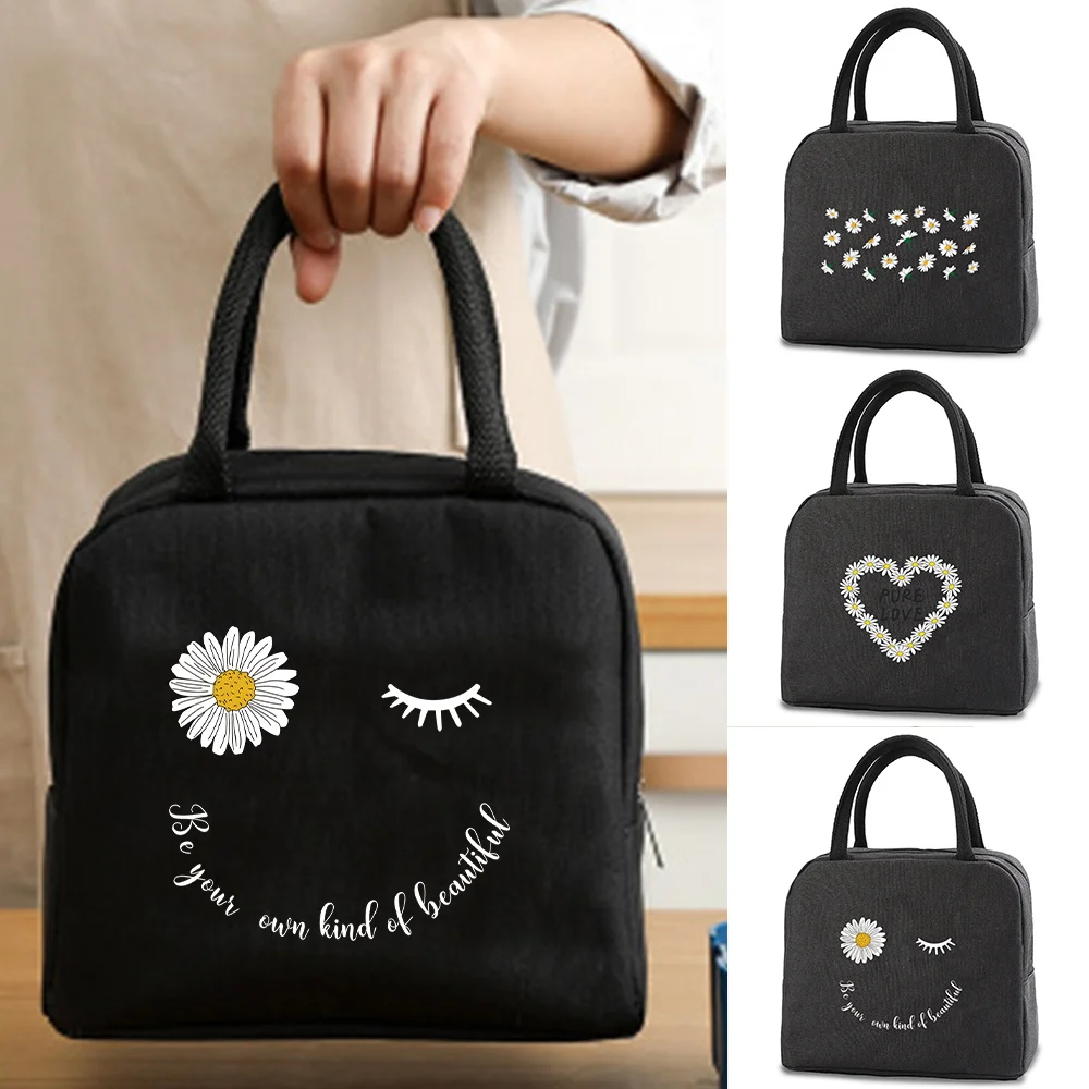 Portable Lunch Bag Thermal Insulated Lunch Box Tote Cooler Handbag Daisy Print Bento Pouch Dinner Container Food Storage Bags