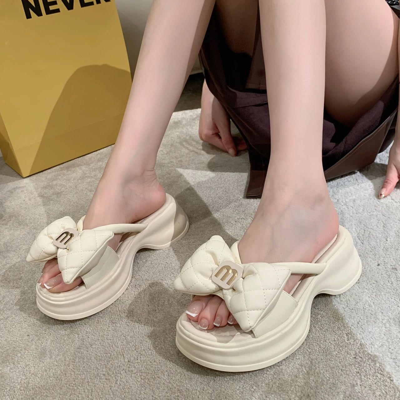 Women Slippers 2024 New Summer Casual Shoes Versatile Thick Sole Sandals Women Outwear Bow Beach Slippers Sexy Slides Women