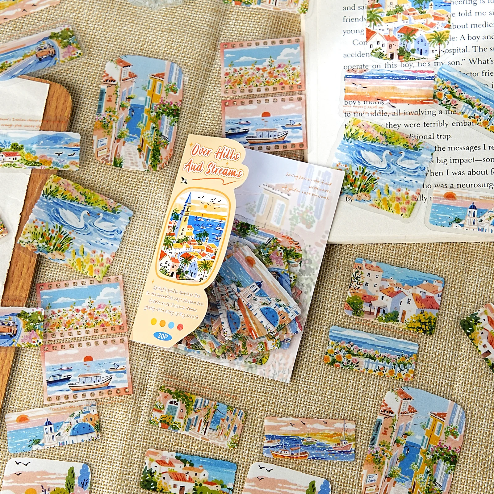 Etori Life Fresh Seaside Travel Stickers 30Pcs Small Town Scenery Journal Collage Material Suitable for Luggage, Laptop, Guitar, Skateboard, Refrigerator, Room Decoration, Handmade Scrapbooking Supplies, DIY Crafts, Office Decoration Accessories, Envelopes and Gift Paper Bags, Label Seals, Birthday and Holiday Gifts, Artistic Aesthetics, Waterproof Decals, School Supplies, Korean Stationery view 4