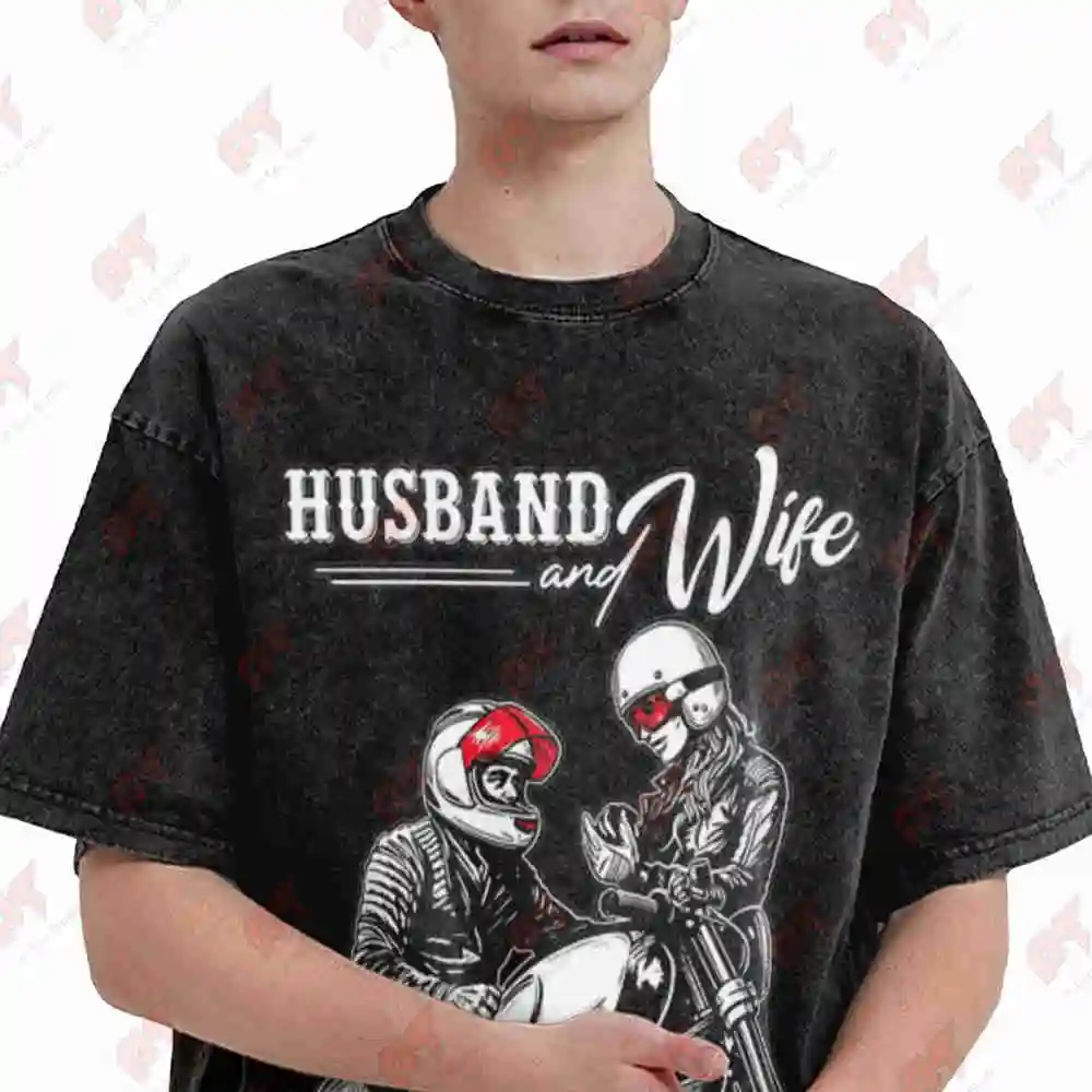 Motorcycle Husband Wife Riding Partner Vintage Washed Tee Pure Cotton T-Shirt