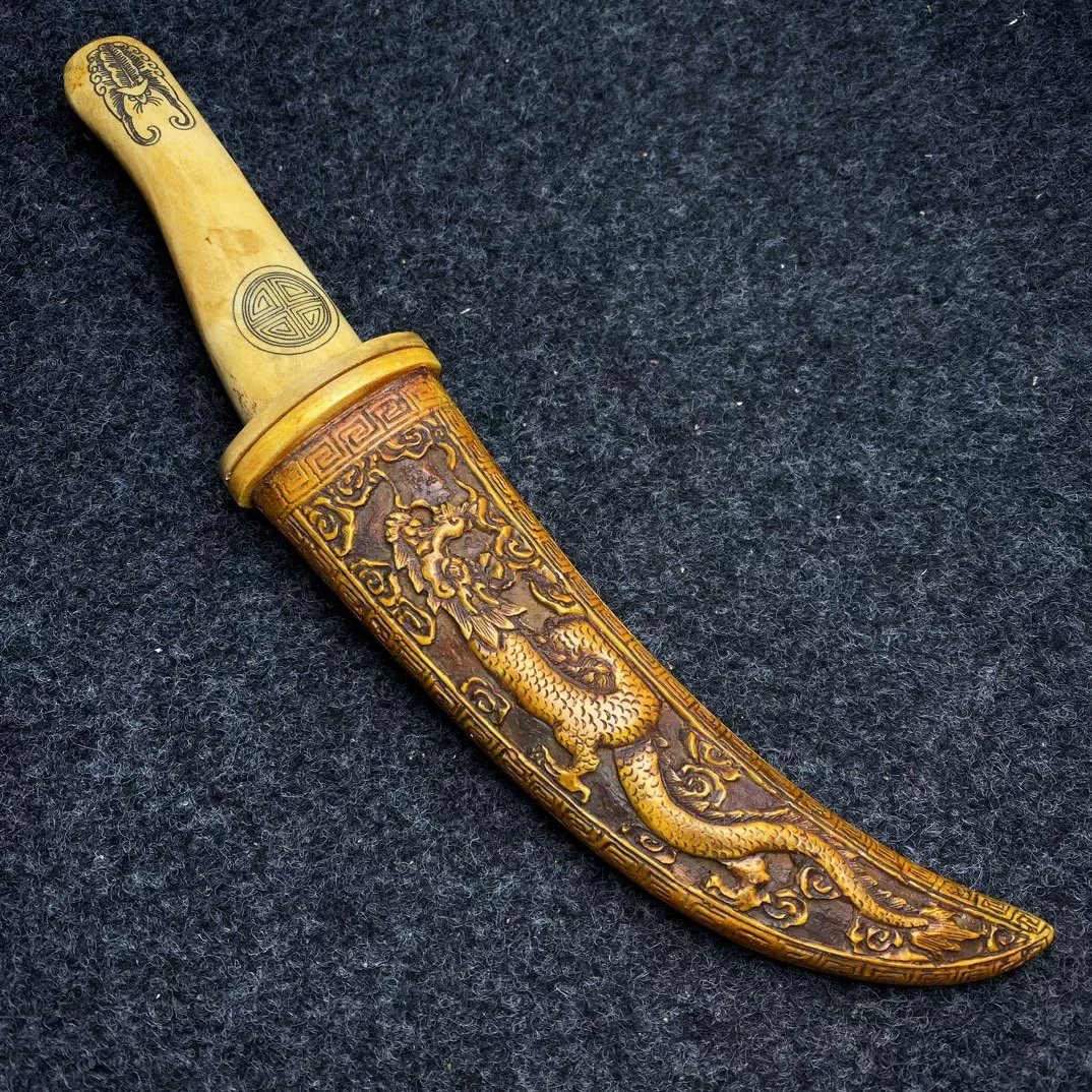 Rare Ancient Chinese Hand Carved Buffalo Bone Knife Dragon and Phoenix