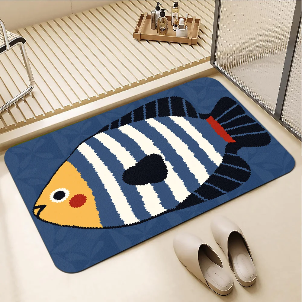 VIKAMA Rectangle Cartoon Striped‑fish Bathroom Doormat Cute Marine Animal Print Soft Nonslip Water‑absorbing Household Floor Mat