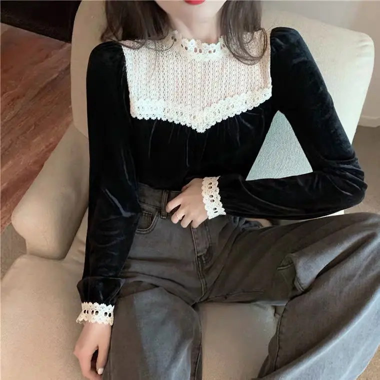 Lace Stand Up Collar Patchwork Gold Velvet Womenwith a Niche DesignNew Autumn and Winter Styleswith a Trendy Western Style Tops