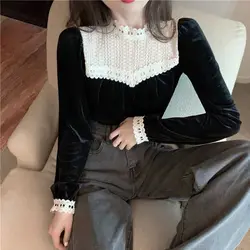 Lace Stand Up Collar Patchwork Gold Velvet Womenwith a Niche DesignNew Autumn and Winter Styleswith a Trendy Western Style Tops