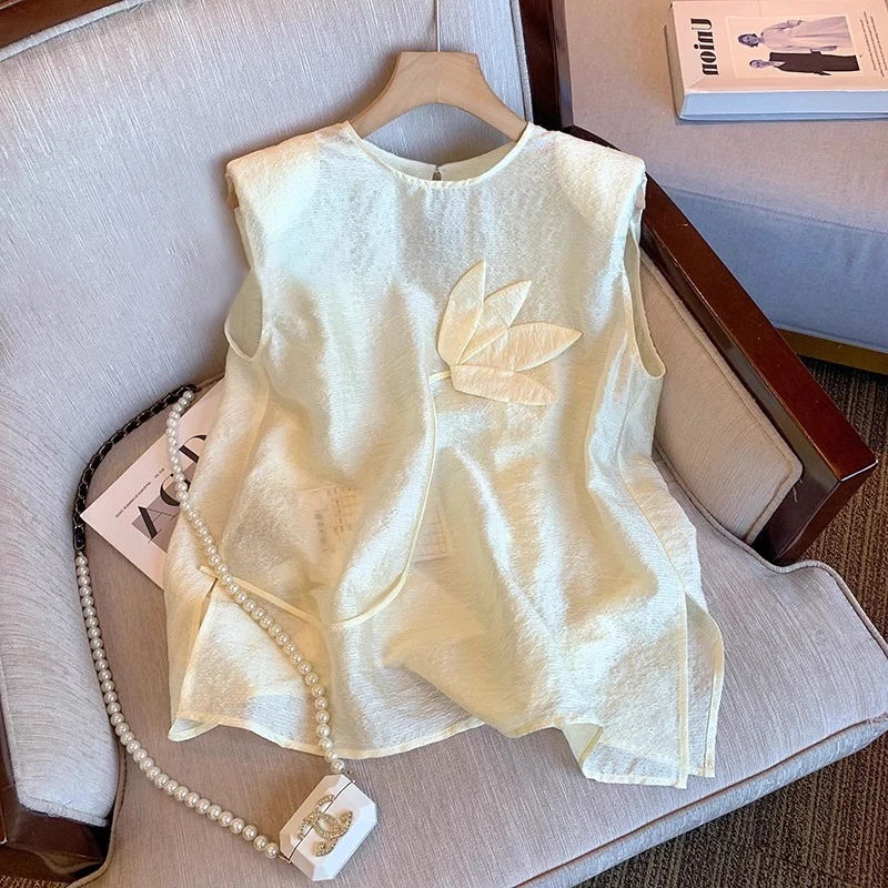 

Design Heavy Relief Flower Svel irt ex Summer New Chinese Doll irt Versatile Slimming Top Trendy round Ne