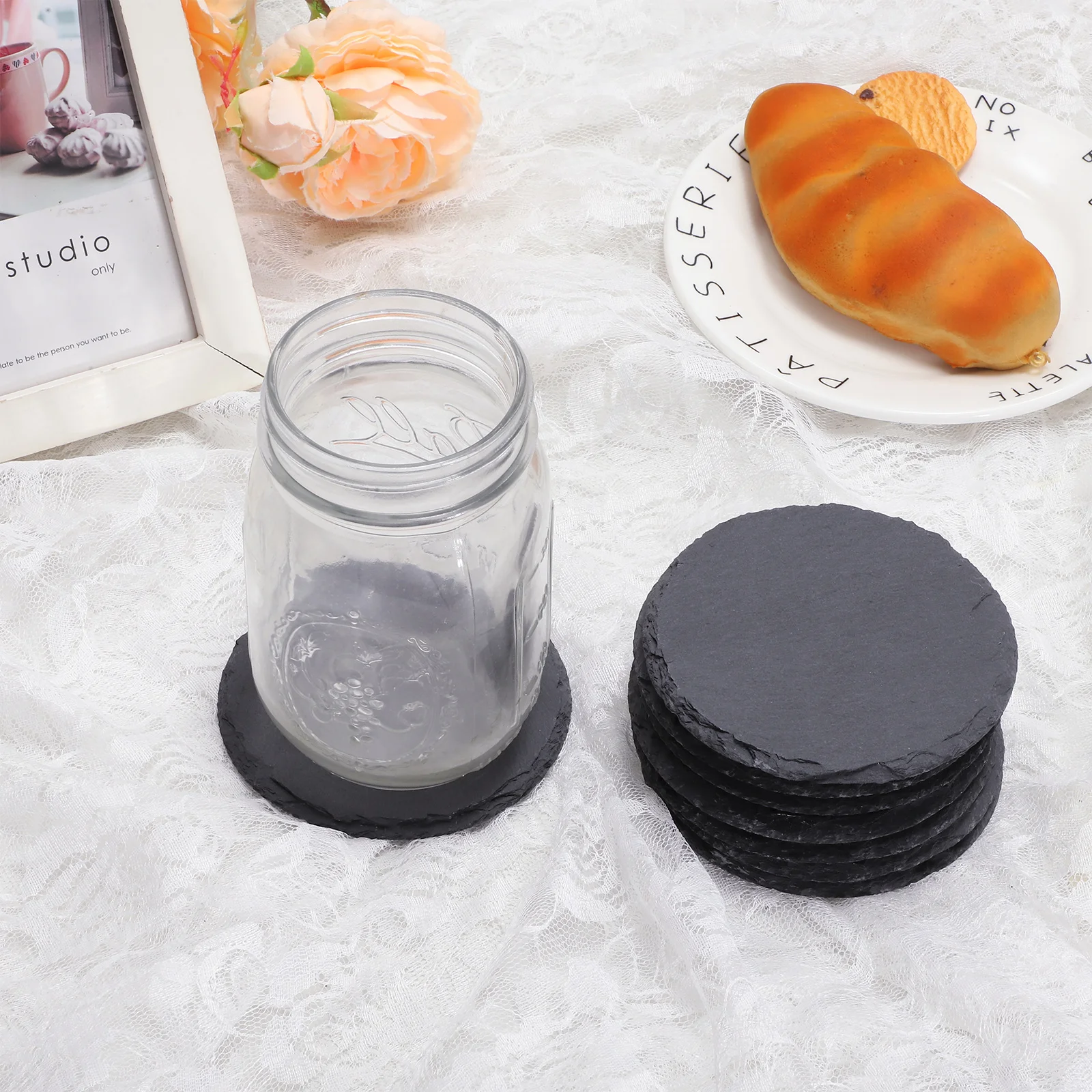 

12Pcs Slate Coasters Rustic Black Stone Coasters Bulk with Anti-Scratch Bottom for Drink Coffee Bar Kitchen Home Engraving Decor