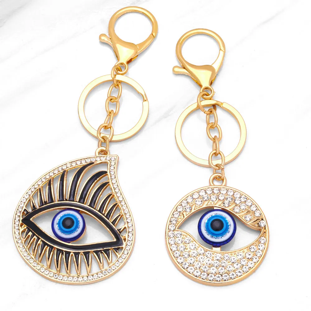 FLOLA Big Evil Eye Keychain for Car Key Bag Holder Gold Color Alloy Rhinestone Keyring Lucky Jewelry Accessories kcha034