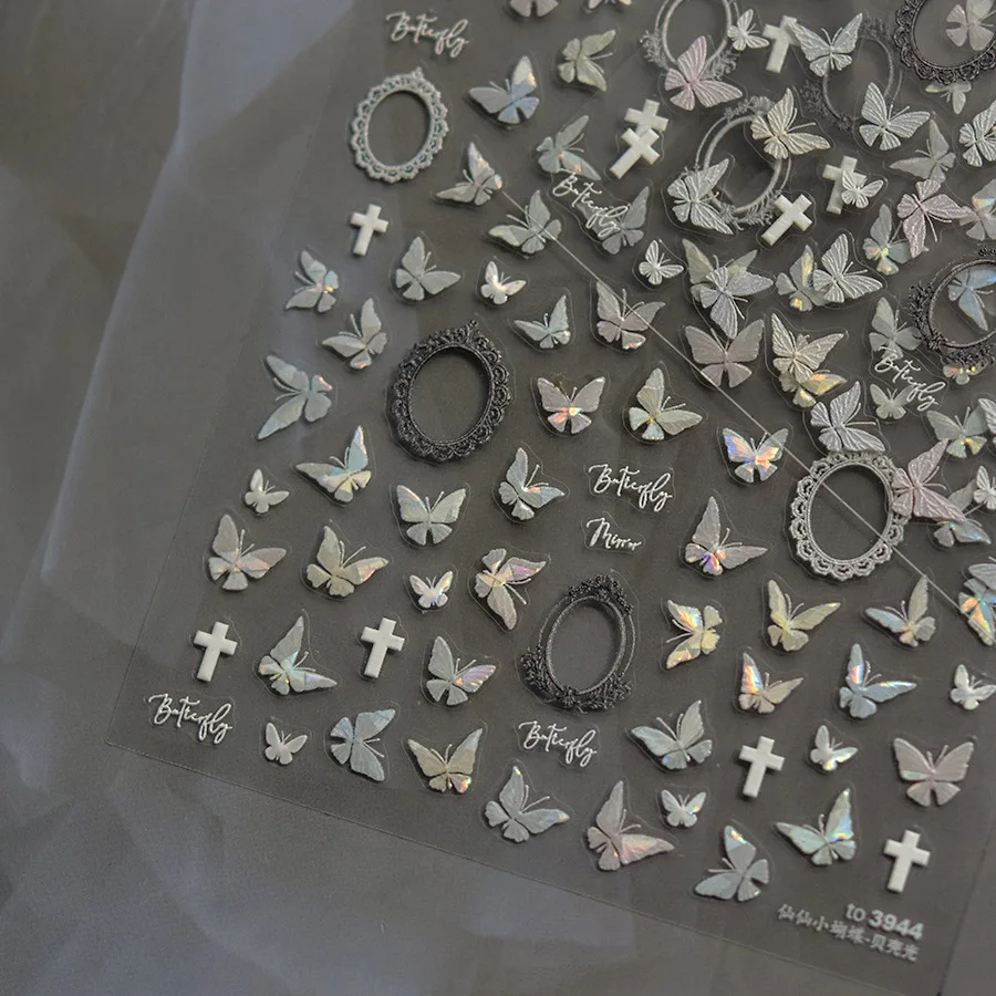 1 pezzo di 5D shell light butterfly nail sticker light luxury retro picture frame decorativo relief jelly decorativo sticker