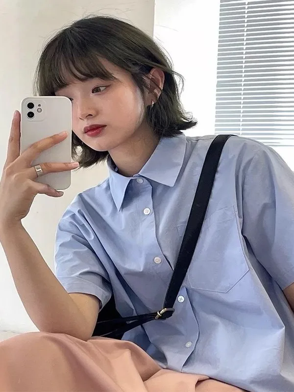 

Dopamine Short Sleeve Shirt Women's Summer Casual Loose Outerwear Simple Color Trendy Top Polyester Non-deformable Thin