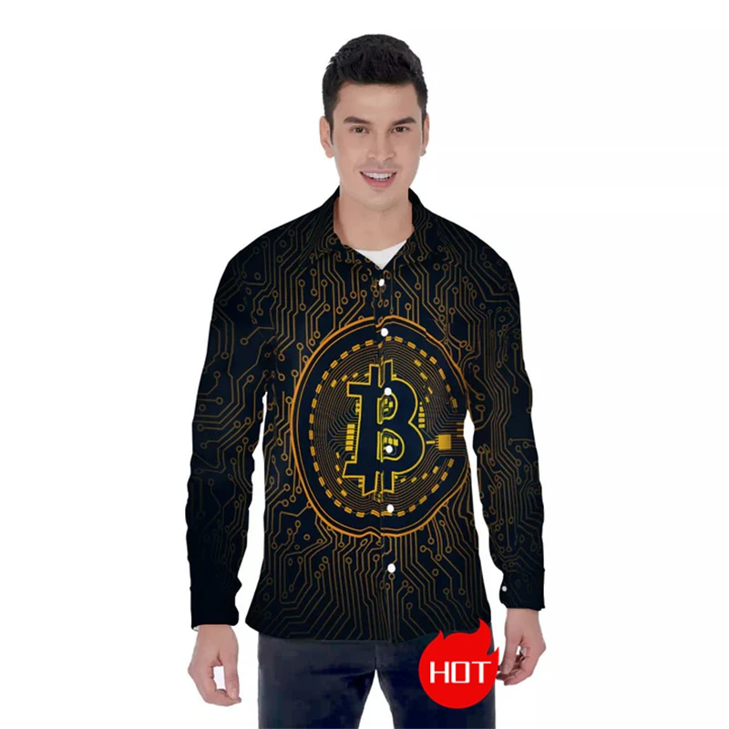 Fashion Bitcoin 3D Printed Long Sleeve Shirts For Men Clothes BTC Coin Graphic Lapel Blouse Spring And Autumn Unisex Button Tops