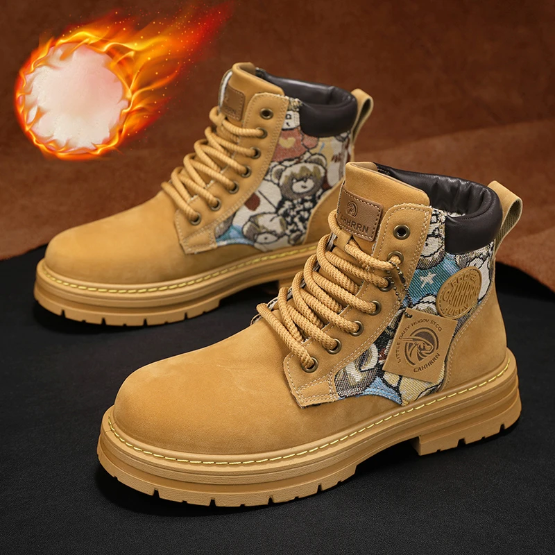 

Зимние мужские желтые ботинки Модельерские мужские мотоциклетные ботинки Удобные плюшевые теплые рабочие ботинки Мужские ботильоны botas masculino