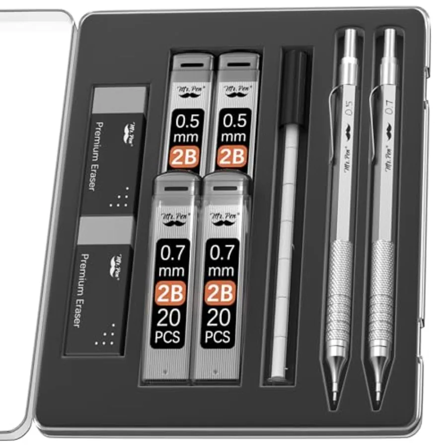 

- Metal Mechanical Pencil Set with Lead Refills and Erasers, 2 Pack 2 Sizes, 0.5 and 0.7mm, 4x Tubes 2B Lead Refill, 2x Erasers