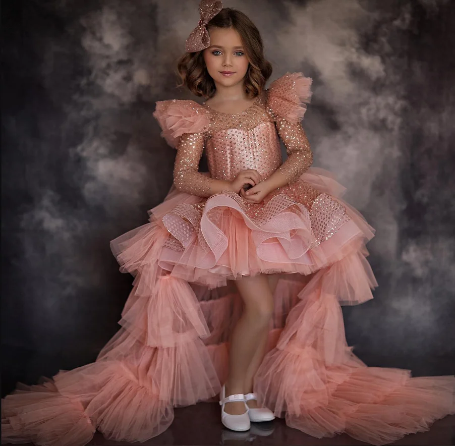 Gorgeous Pink High-Low Puffy Girls Birthday Dress Long Sleeves Princess Pageant Prom Dresses Wedding Flower Girl Dress