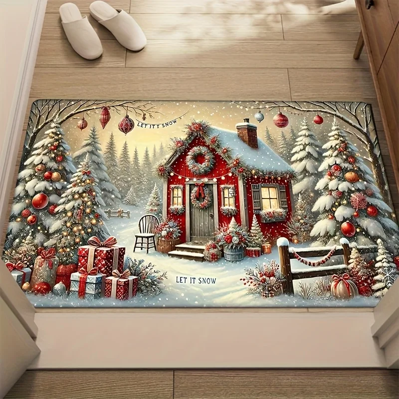 Farmhouse Cabin Winter Landscape Non Slip Entry doormat Let It Snow Red House Gift Pine Tree Woodland Xmas Front Door Accent