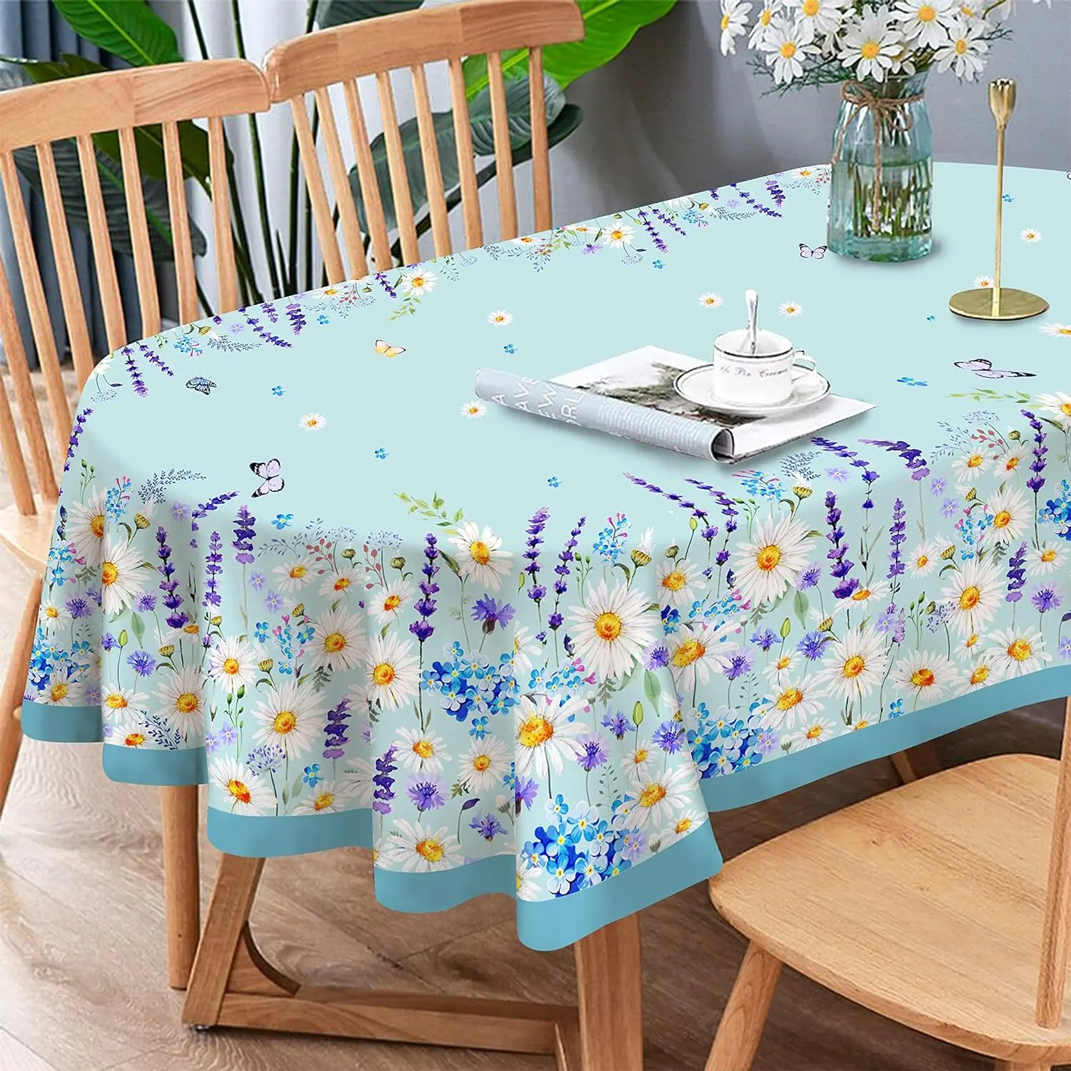 Daisy Tafelkleed Blauw Bloemen Rechthoek Tafelkleed Lente Zomer Waterdicht Duurzaam Tafelkleed voor Keukentafel Outdoor Picknick