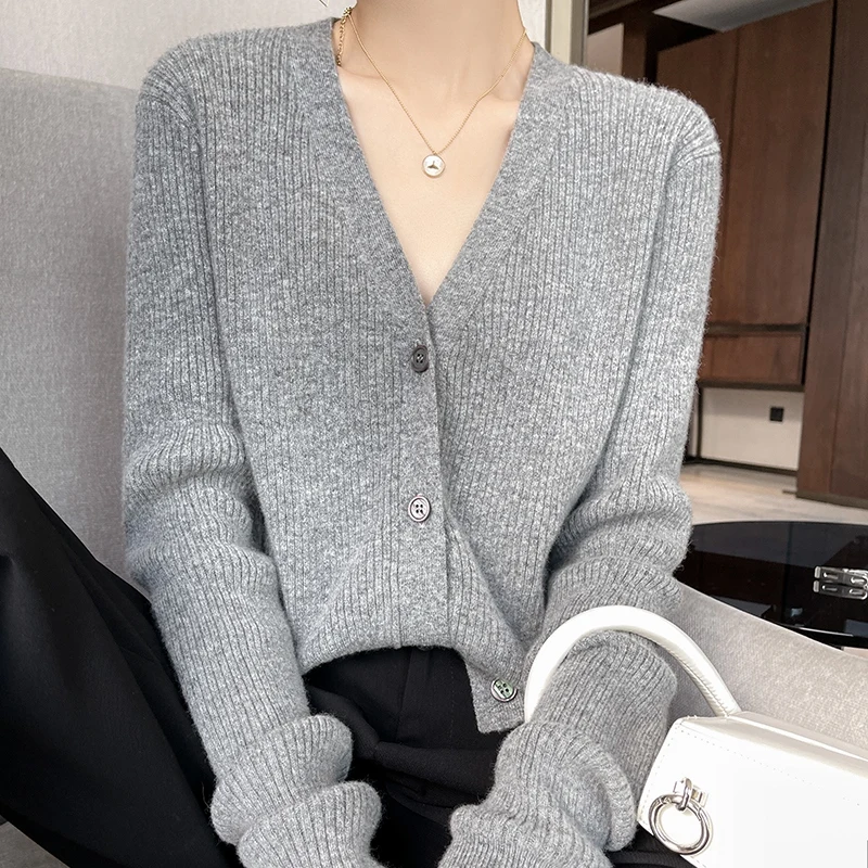 

Korean Style Women's V-Neck Open Cardigan Long Sleeve Wool Knitted Sweater Spring Autumn New Arrival Fashion Outerwear
