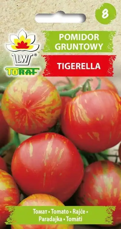 Tigerella-Tomatensamen 0,5g Sorte, rote Früchte mit gelb-orangeen Streifen, für Boden- und Unterbodenanbau.