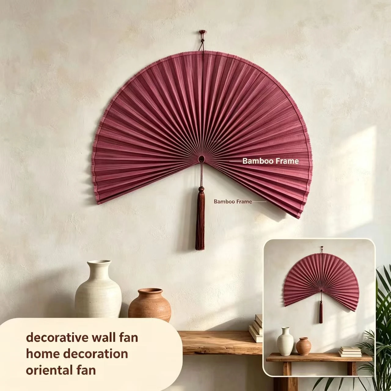 80cm Handmade Bamboo Wall Hanging Fan, Carbon Blue Gradient Large Decorative Fan with Tassel, Oriental Wall Ornament for Bedroom