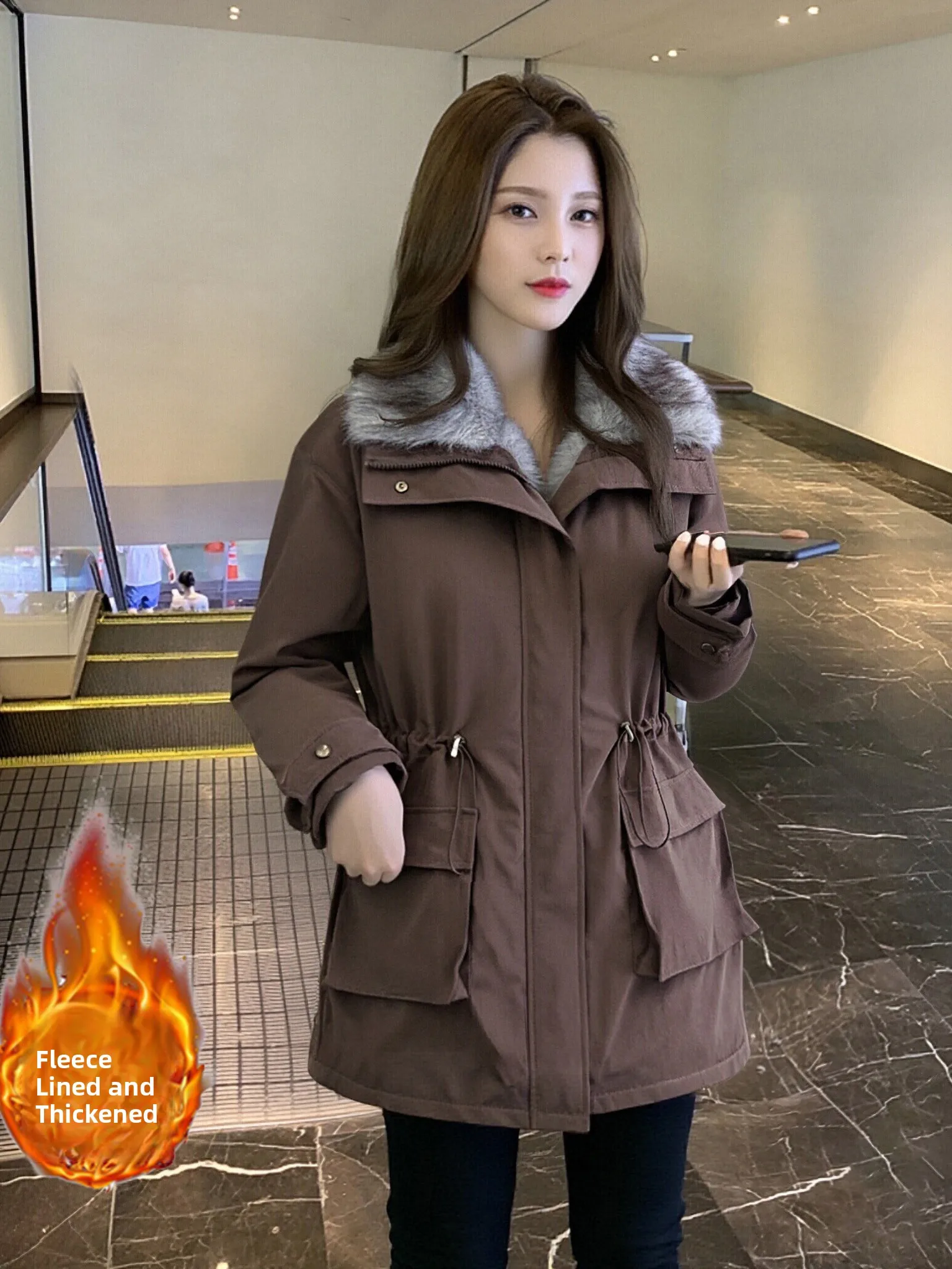 

Thiened Fce Warm Casual Comfortable Women's Jaet Stand Fit Polyester Fiber Long Sve Mid-Length Zipper Closure